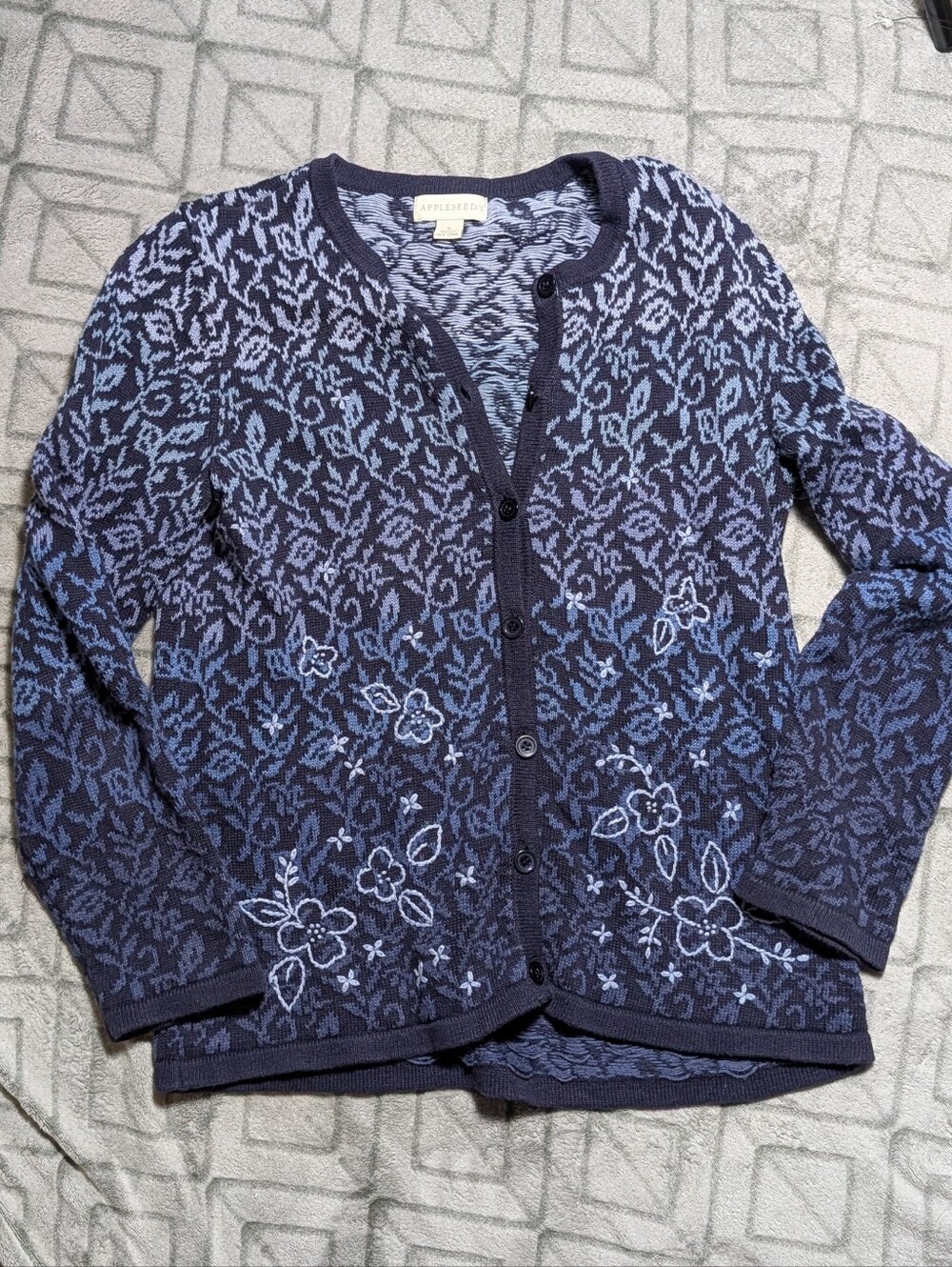 Appleseed's Floral Pattern Navy and Light Blue Button Cardigan Sweater